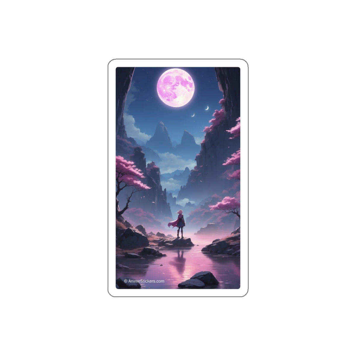 Die-Cut Stickers, A girl with pink hair standing by the river looking up at the moon.