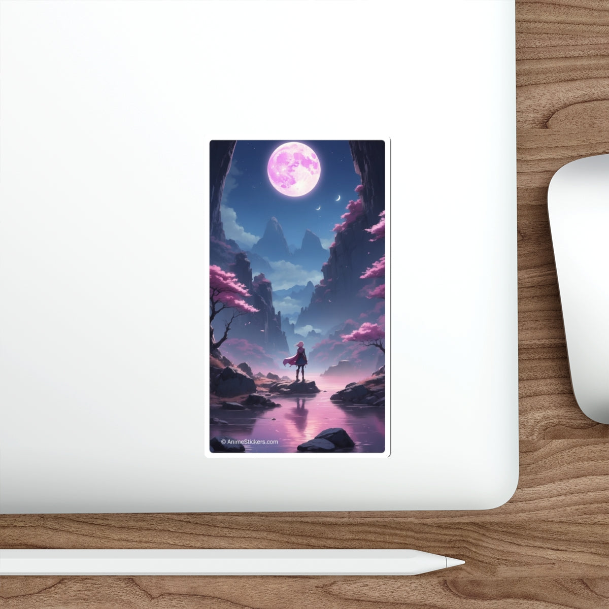 Die-Cut Stickers, A girl with pink hair standing by the river looking up at the moon.