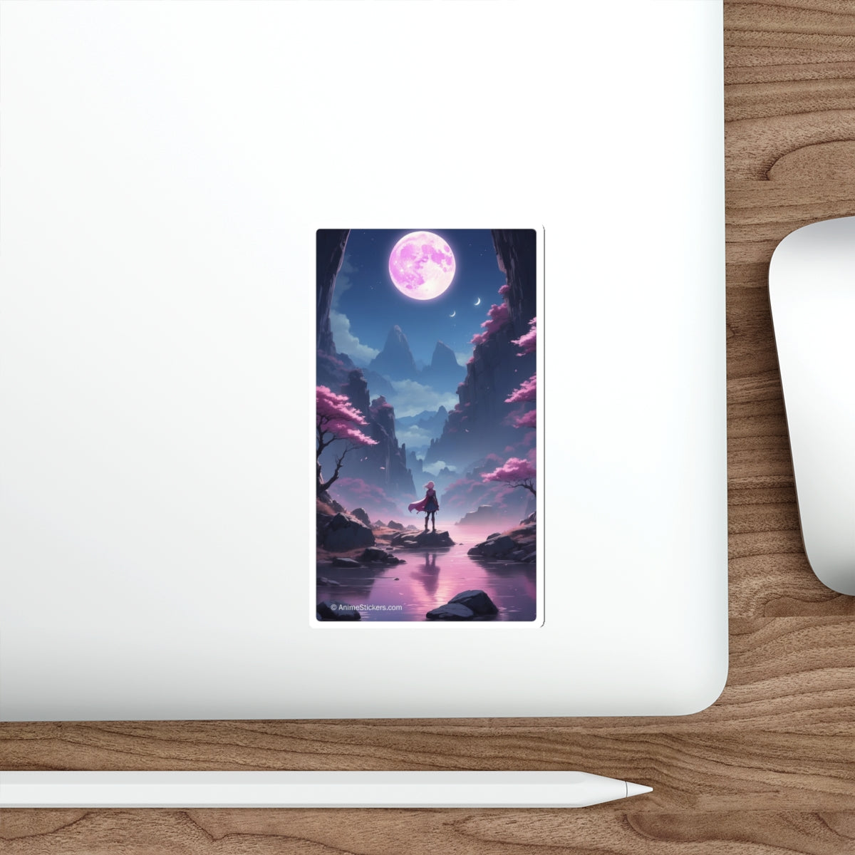 Die-Cut Stickers, A girl with pink hair standing by the river looking up at the moon.